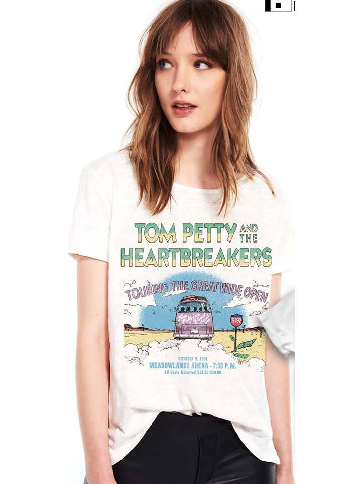 White TOM PETTY GREAT WIDE OPEN BUS TOUR TEE for wholesale on Faire