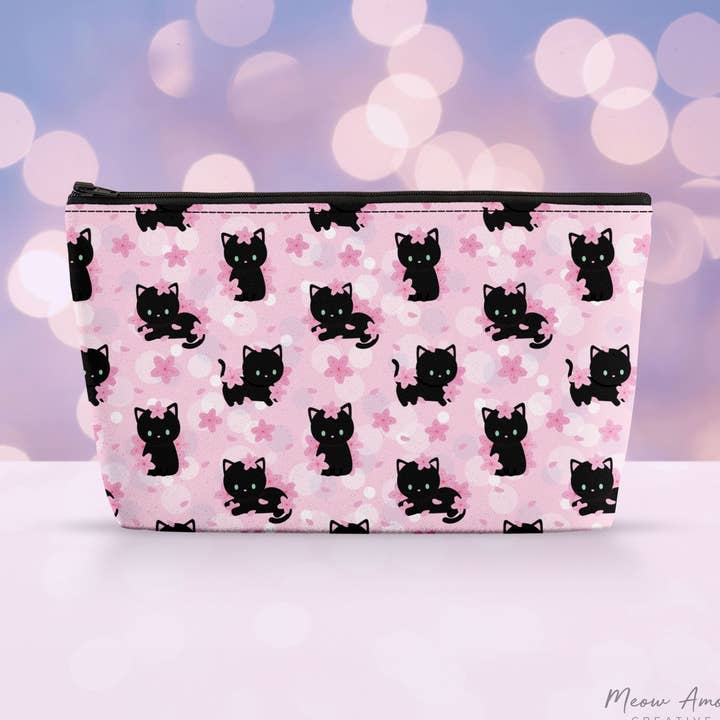 Cherry Blossom Black Cat Canvas Zipper Bag for wholesale by Meow Amor Creative