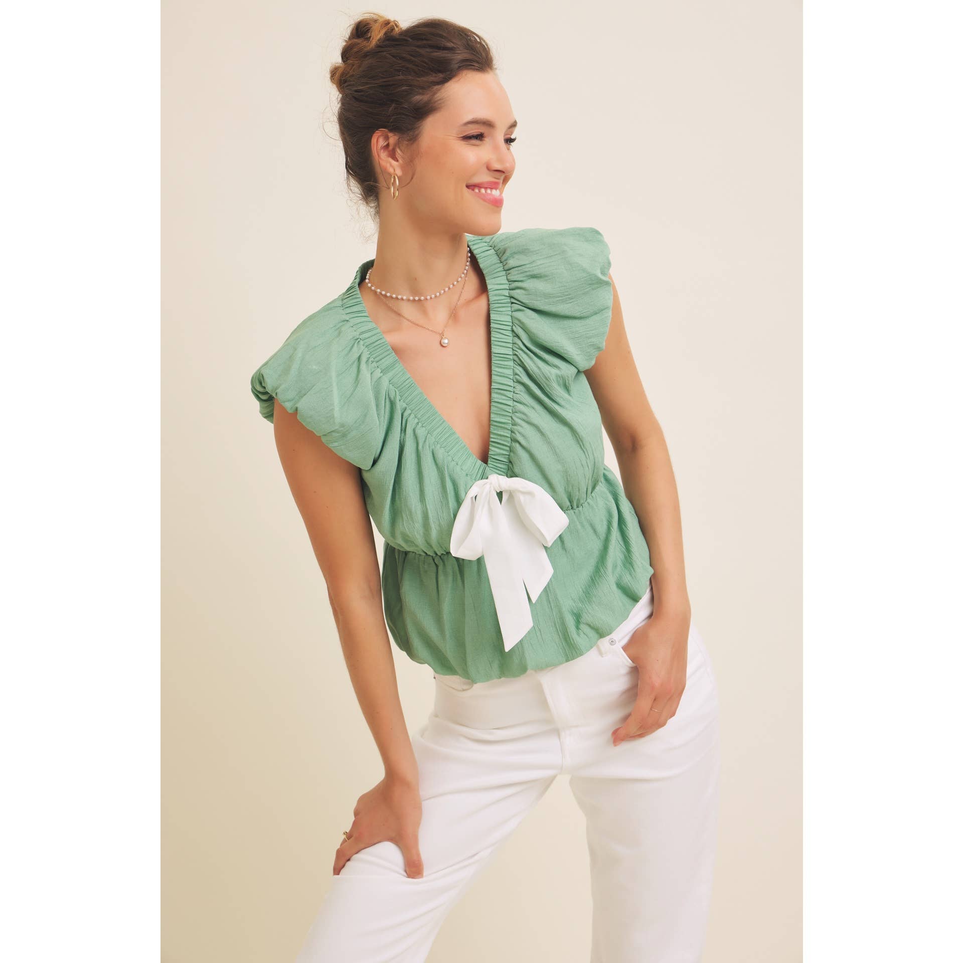 in february - Wholesale Blouse - Women's - SEASONLESS FEMININE CRINKLE BLOUSE WITH CONTRAST BOW TIE18