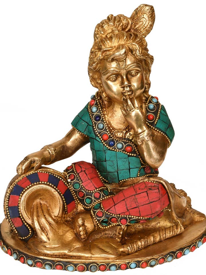 Ladrão de manteiga de 7" Krishna em latão | Feito à mão | Feito na Índia por atacado de Exotic India Art