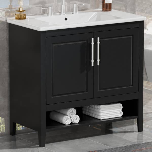 Orange County Decor - Wholesale Cabinet - 36" Bathroom Vanity With Sink, Multi Functional Bathroom Cabinet With Doors And Drawers, Mdf Frame And Mdf Board, Black Black Solid Wood Mdf