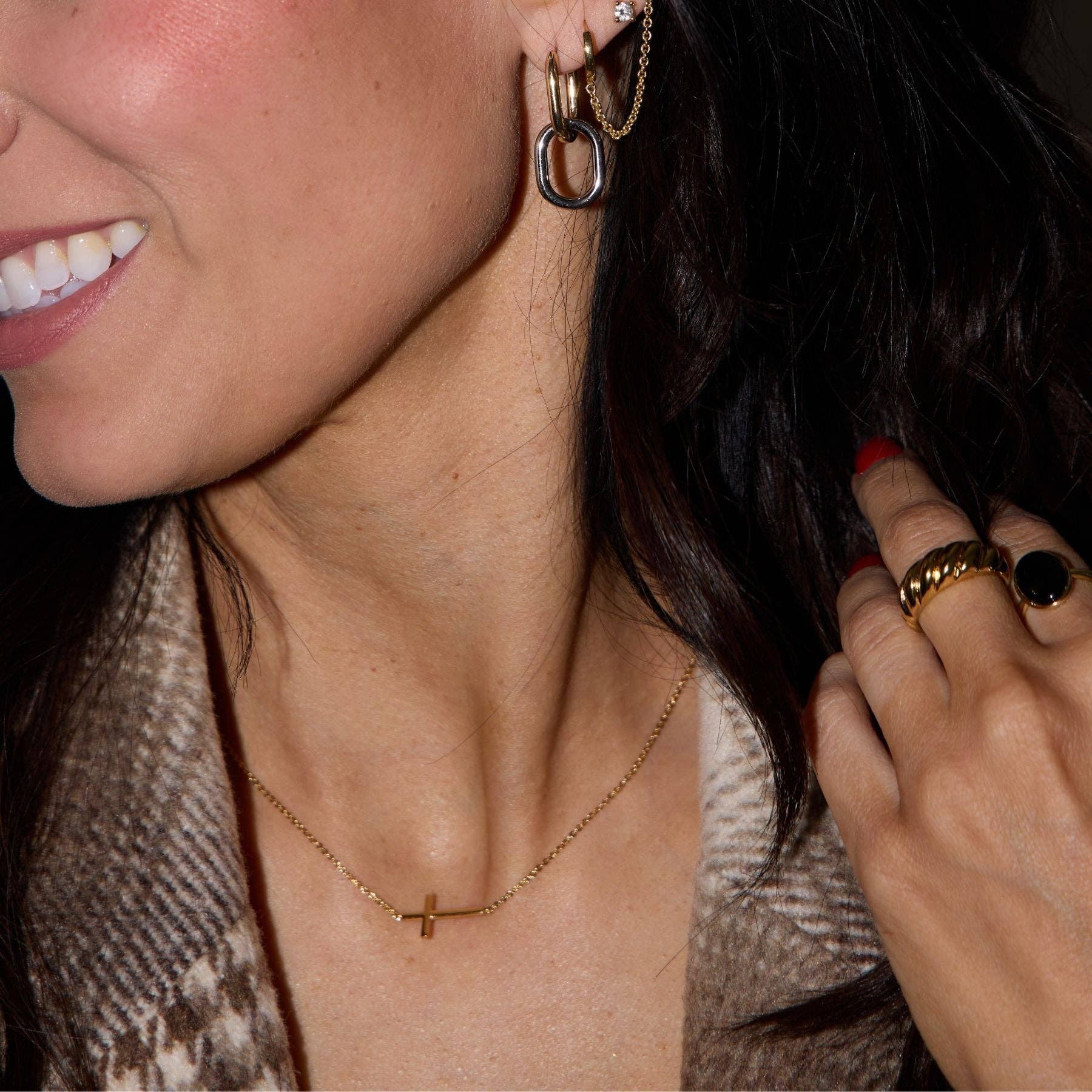 Nickel and Suede - Wholesale Pendant/Charm Necklace - Gold Sideways Cross Necklace1