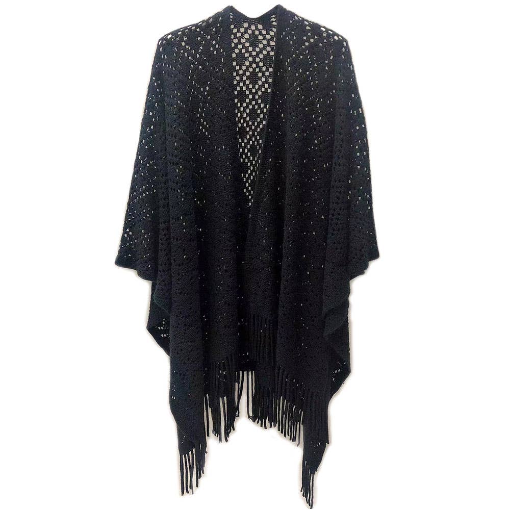 Sensibling Corp. - Wholesale Poncho - Women's - Fringe Open Knit Crochet Draped Shawl Wrap Ruana Poncho1