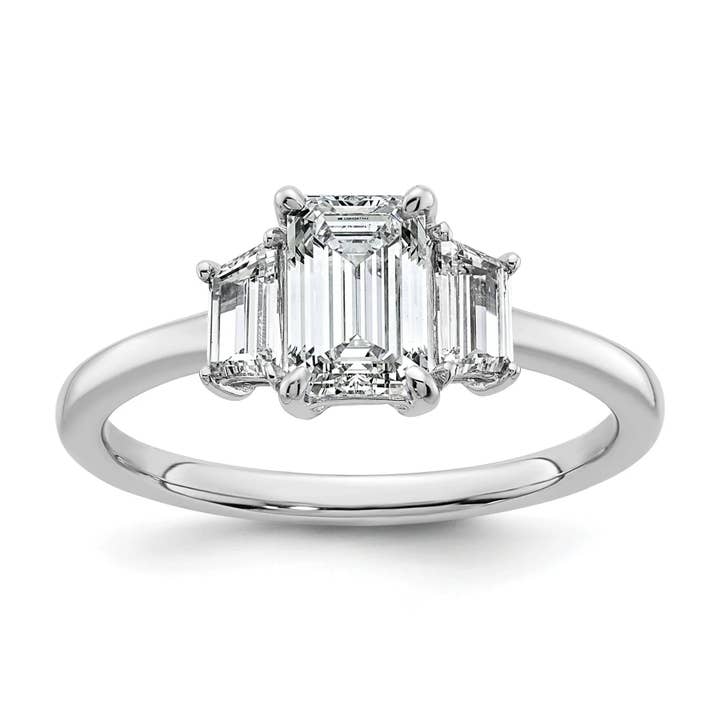 14k White Gold Diamond Emerald and Trapezoid 3-Stone Bridal Rings for wholesale by Fine Diamond