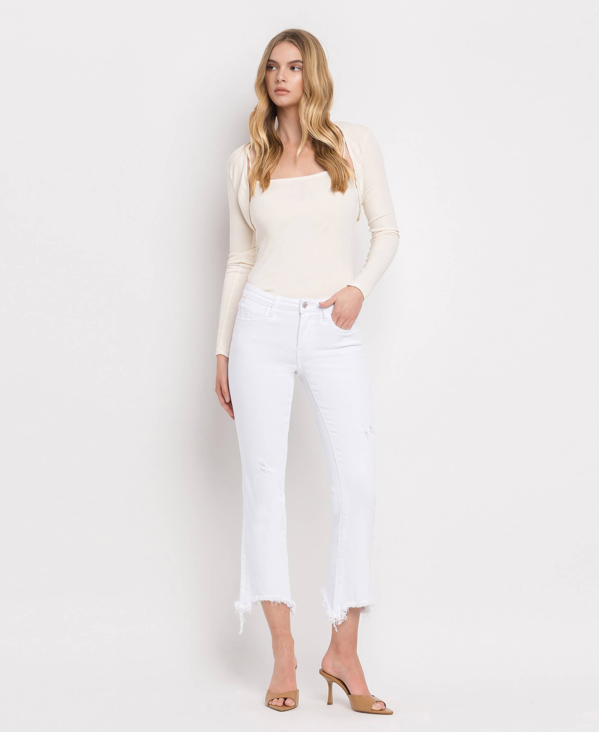 OPTIC WHITE MID RISE DISTRESSED HEM ANKLE BOOTCUT JEANS T6047WH for wholesale on Faire4