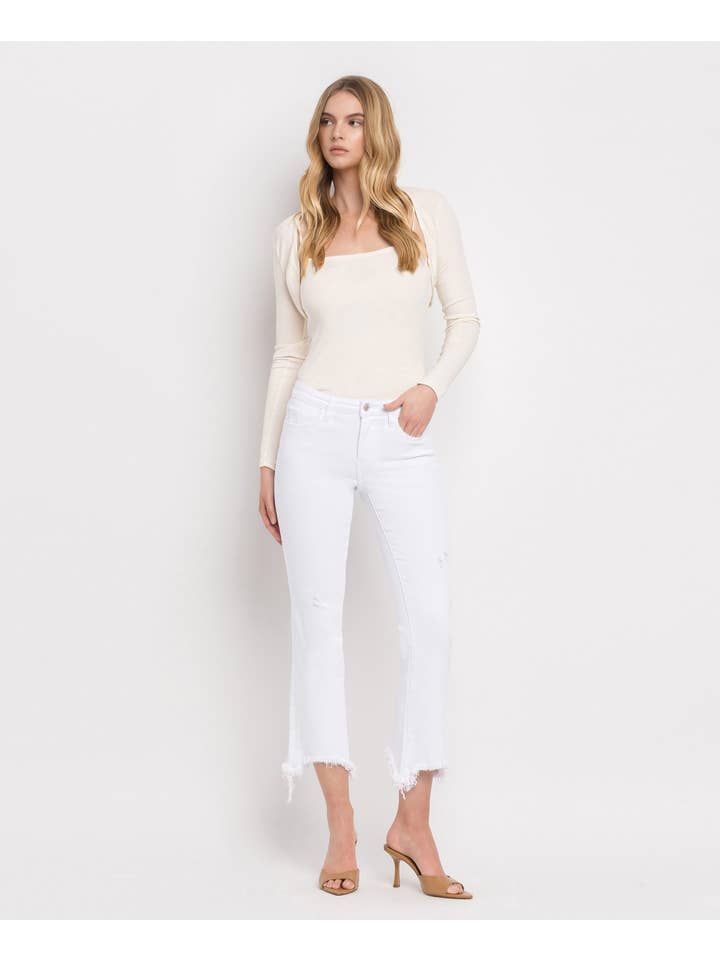 OPTIC WHITE MID RISE DISTRESSED HEM ANKLE BOOTCUT JEANS T6047WH for wholesale on Faire4