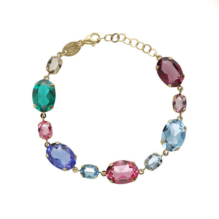 Bracelet Magnolia ovale cristal multicolore en Argent plaqué Or pour la vente par Victoria Cruz