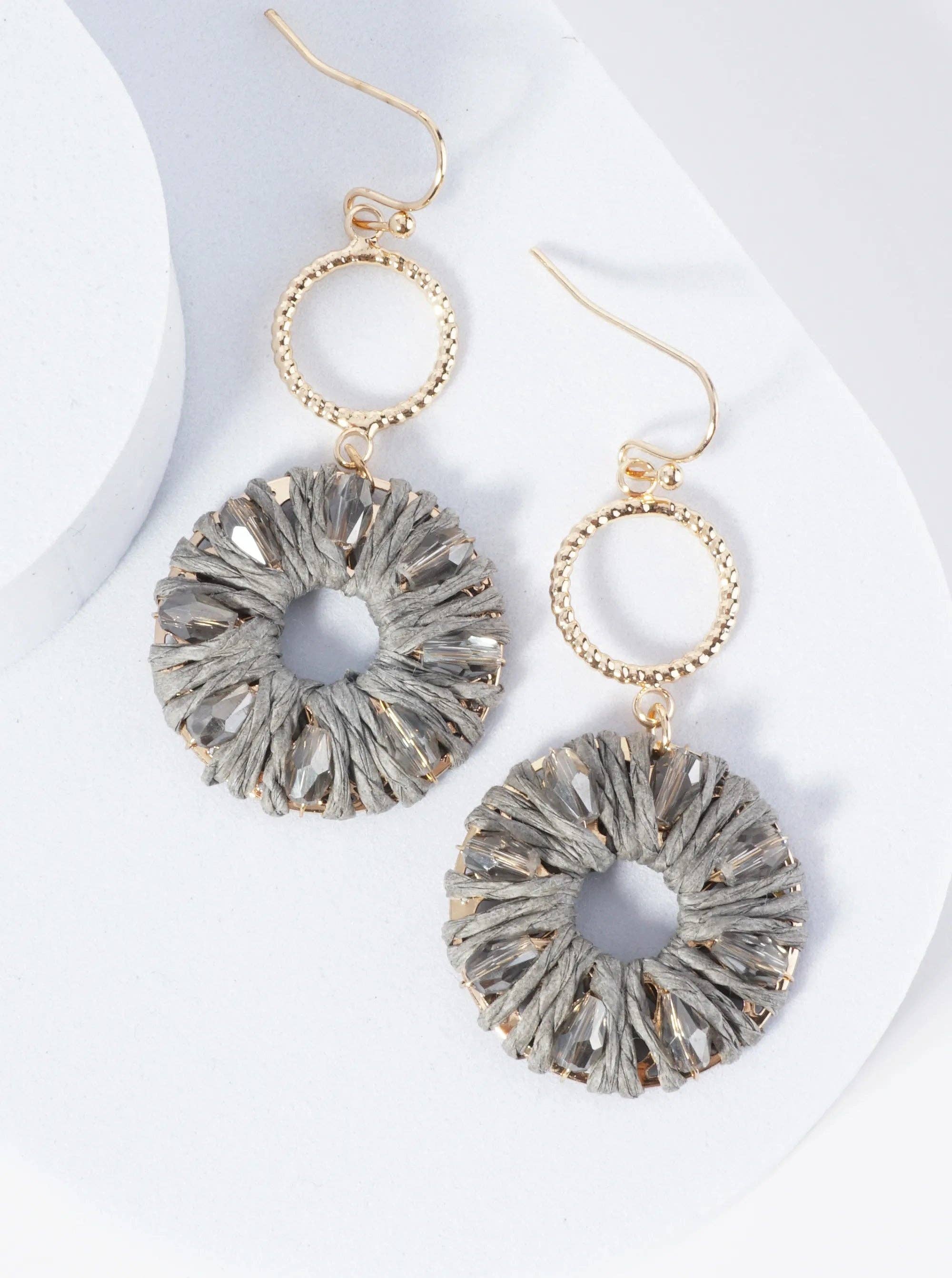 Wild Honey - Wholesale Dangle Earrings - Two Circle Drop Earrings Wrapped With Glass Beads And Raffia4