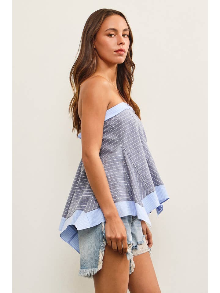 INDIGO TIED BACK ASYMMETRICAL TUBE TOP for wholesale on Faire