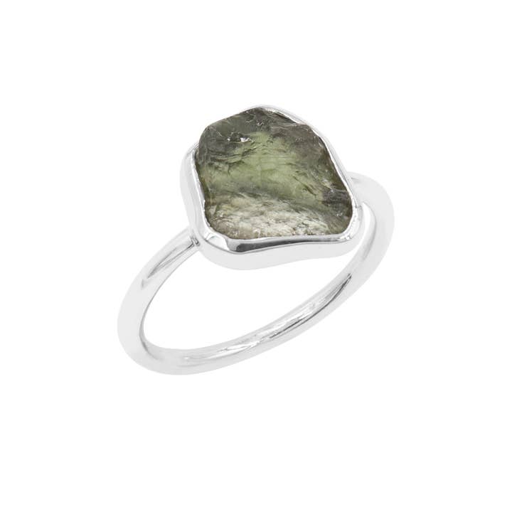 Raw Moldavite Tektite Ring: 925 Silver Cosmic Impact Jewelry for wholesale by Jay Jools