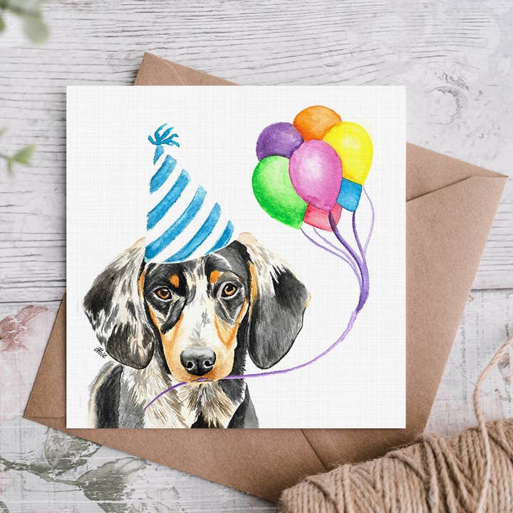 Sølv Dapple Gravhund Fødselsdag Card for engroshandel hos Cloud Jellybean Art