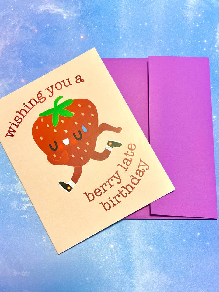 Berry Late Birthday Card for wholesale by Apridot Studios