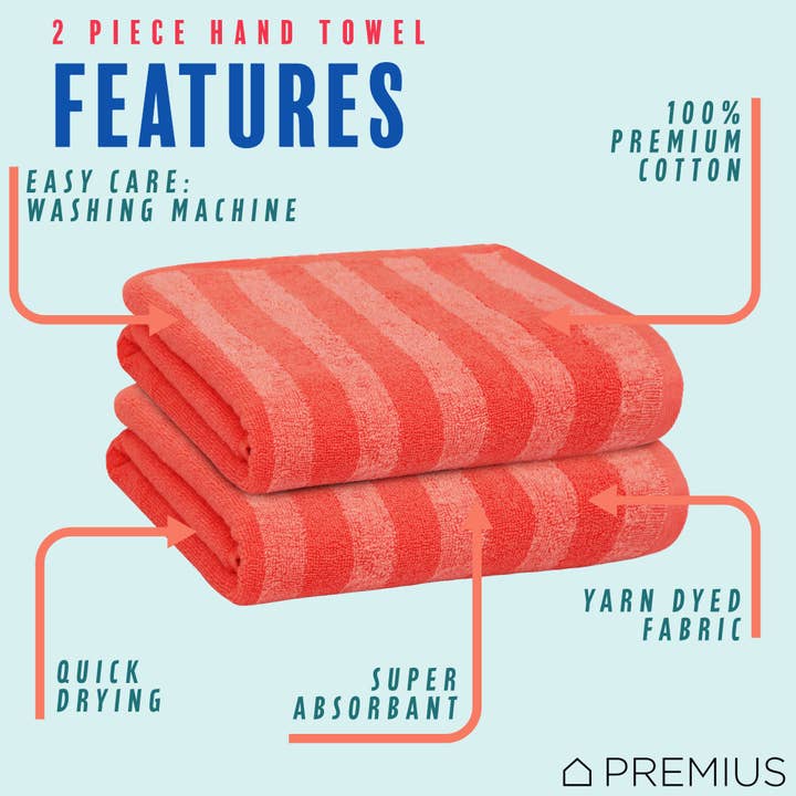 ShopBobbys - Wholesale Hand Towel - PREMIUS 2 Pack Stripes 100% Cotton Yarn Dyed Hand Towel, 16x28 Inches30