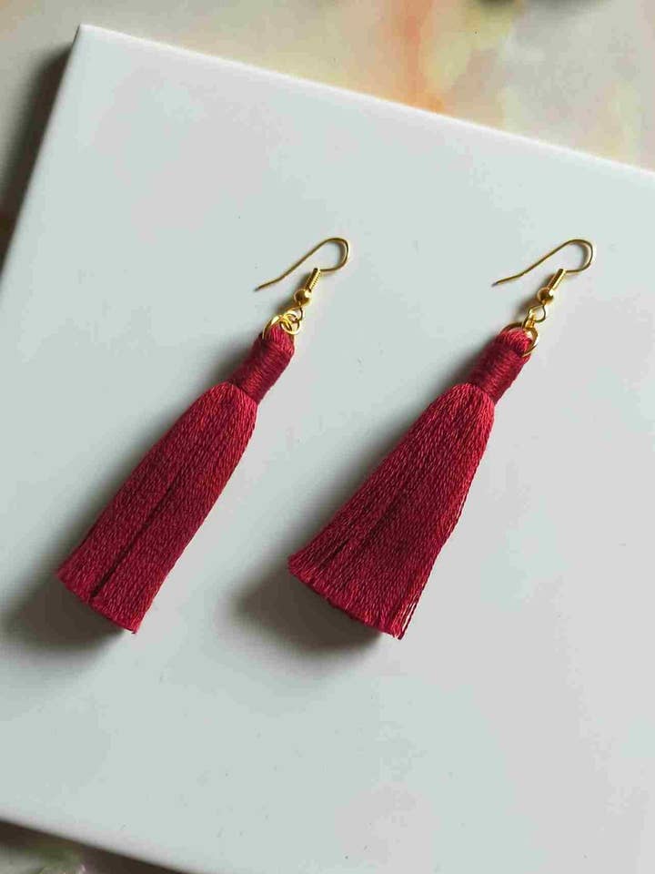 "Lia" Burgundy Gold Plated Cotton Macramé Tassel Earrings for wholesale by Created By Lau