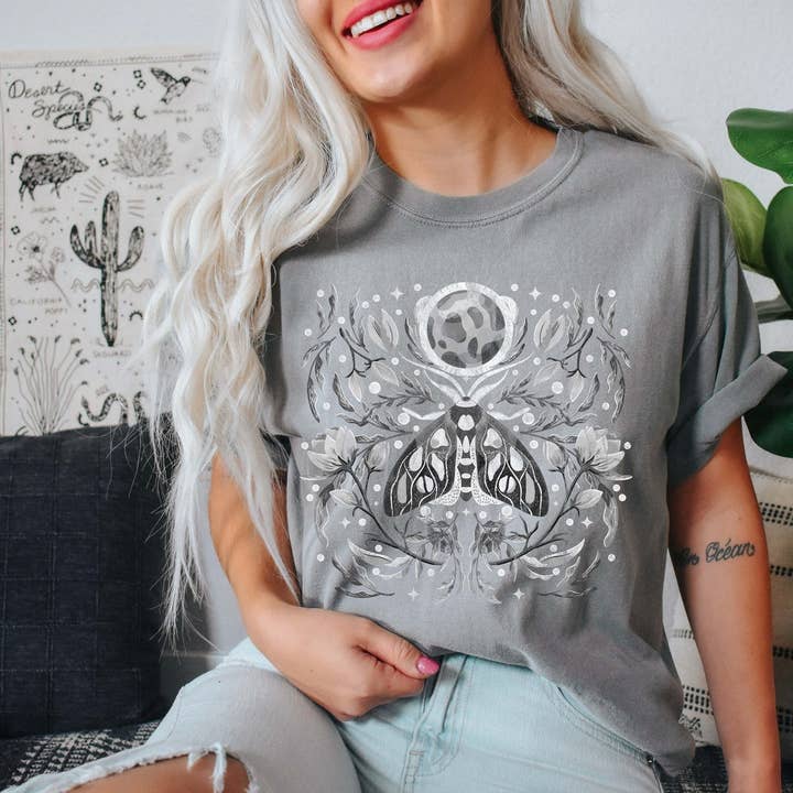 Moth Celestial BW T-Shirt for wholesale by Refinery Number One LLC