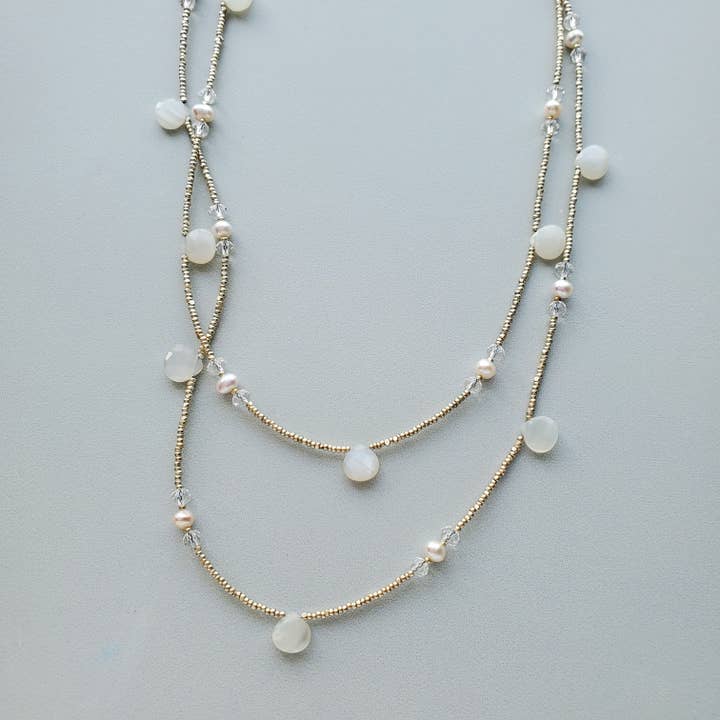 Carrie Whelan Designs - Wholesale Beaded/Pearl Necklace - Moonstone Pearl Long Silver Necklace