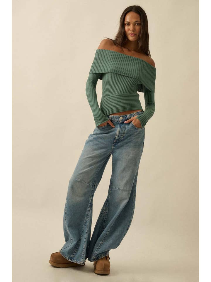 Promesa USA - Wholesale Knit Sweater - Women's - Sheer Rib-Knit Off-Shoulder Foldover Sweater3