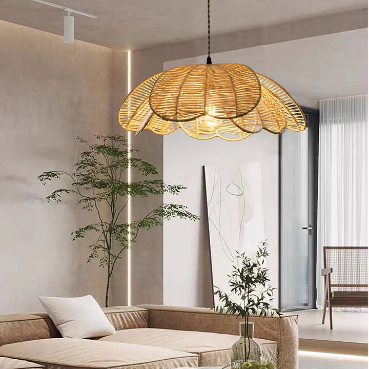 Natural Rattan Flower Pendant Light Coastal Hanging Fixture Light for wholesale on Faire