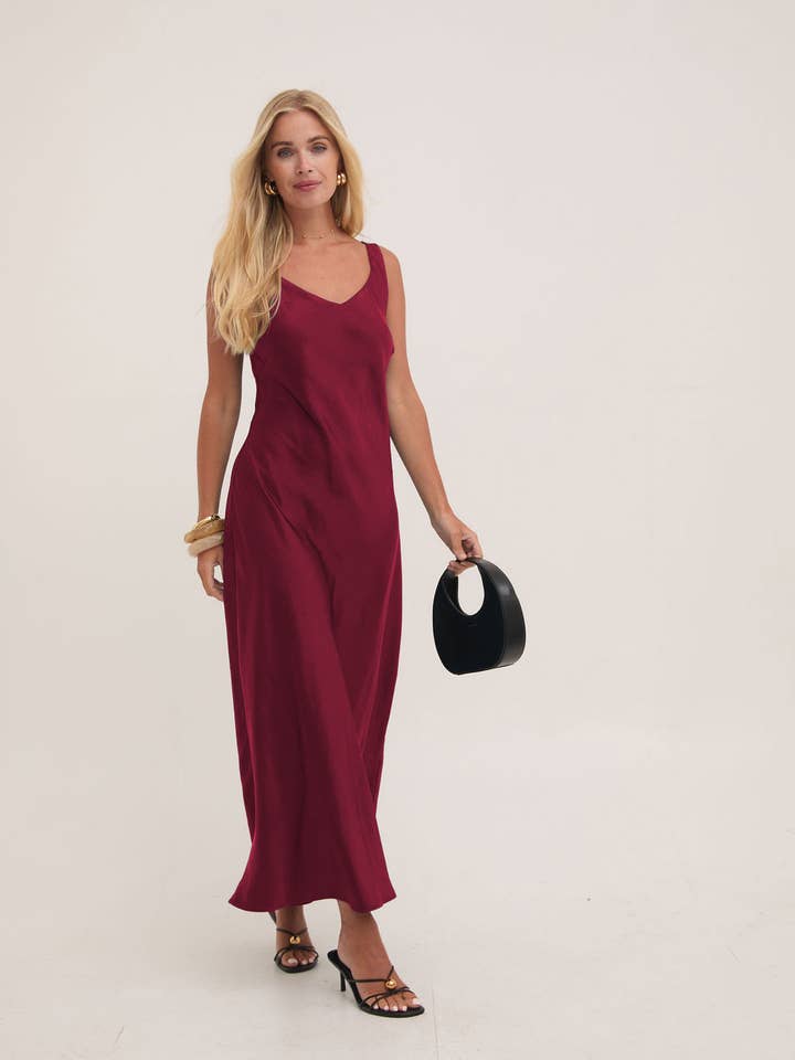 Gabriella Burgundy Satin Dress for wholesale by Fika