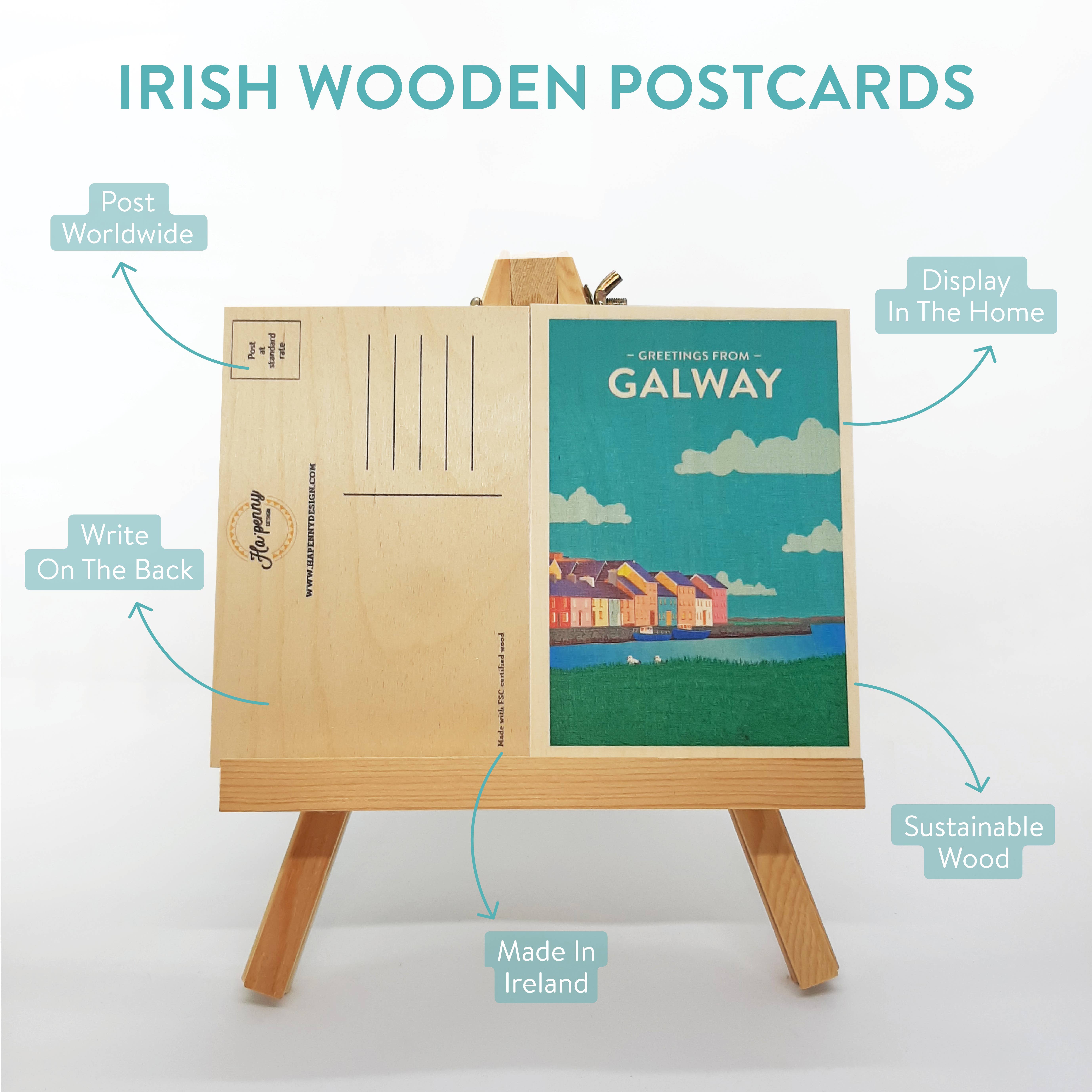 Hapenny Design - Wholesale Postcard - Galway Ireland Wooden Postcard1