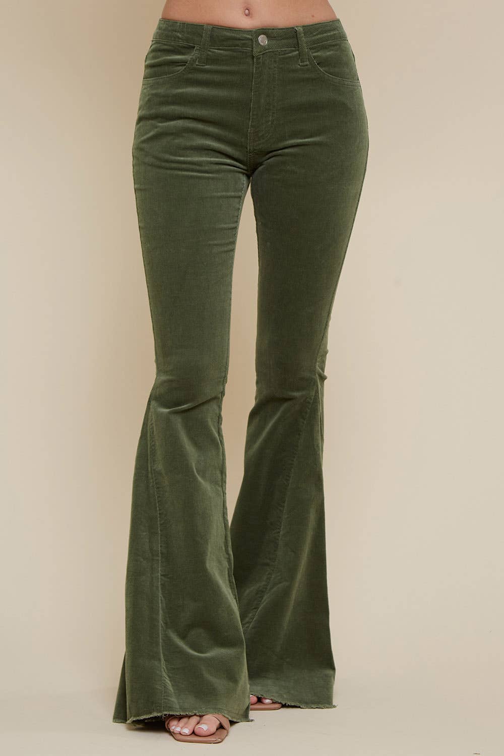 Saints & Hearts - Wholesale Pants - Women's - SIP6144A OLIVE CORDUROY FLARES WITH DISTRESSED HEM1
