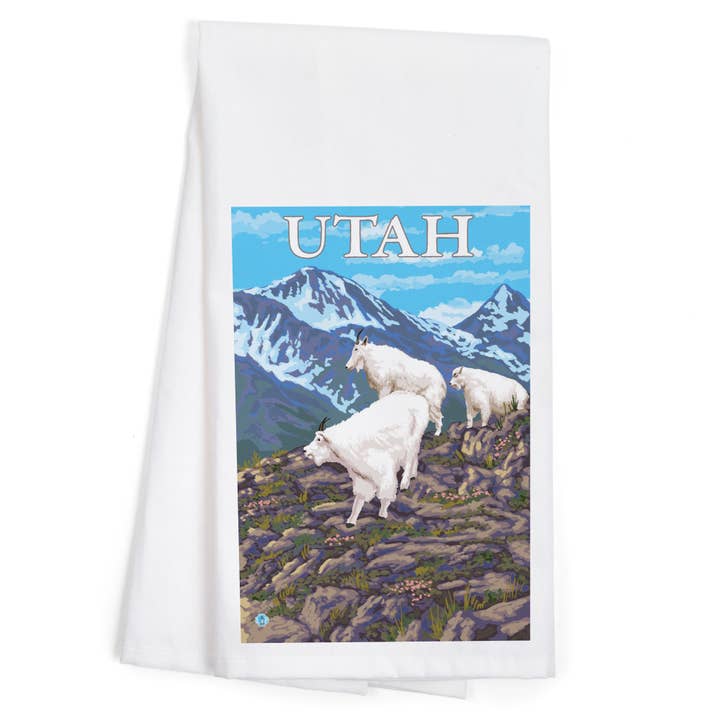 ORGANIC TEA TOWEL White Mountain Goat Family, Utah for wholesale by Lantern Press