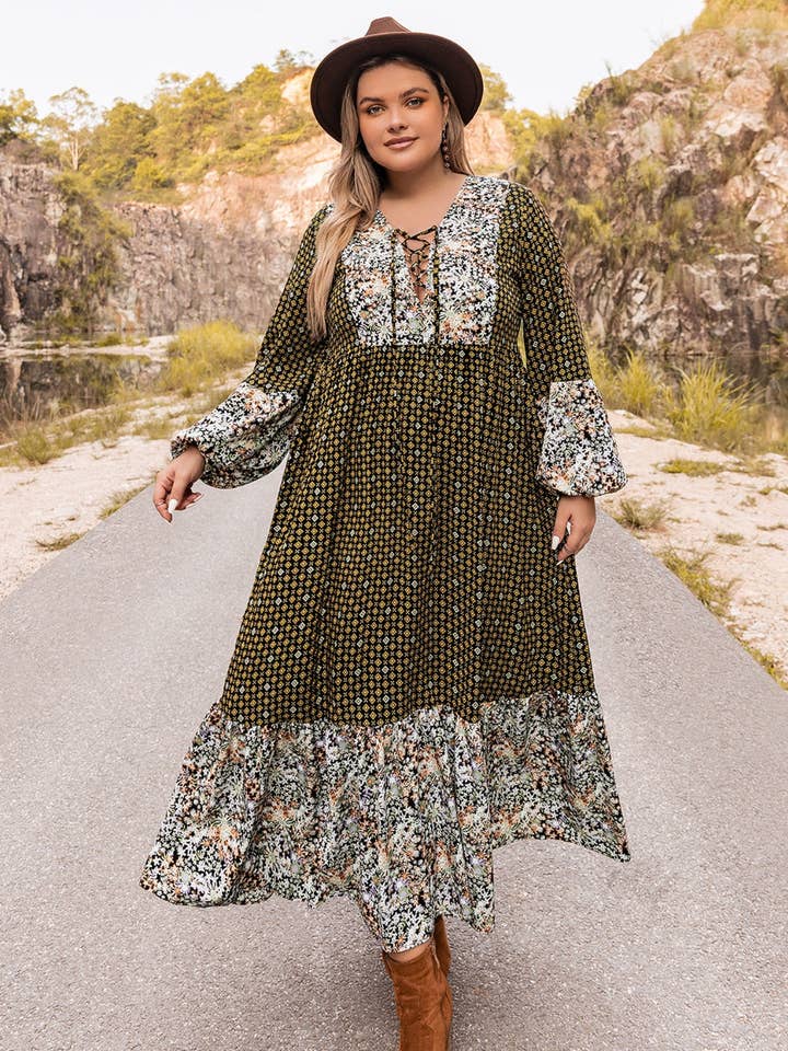 Multicolor Plus Size Lace-Up Long Sleeve Dress for wholesale on Faire0