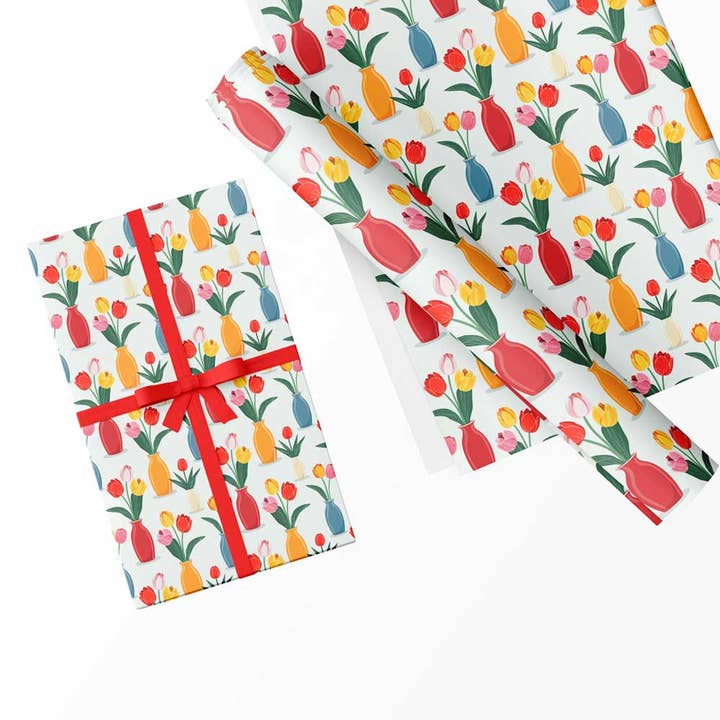 Coloured Flowers Design Gift Wrapping Paper & Matching Tag for wholesale by Handmade Gift Company