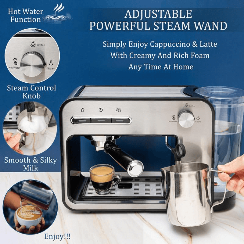 Mixpresso - Wholesale Espresso Maker - Mixpresso Professional Espresso Machine for Home 15 Bar with Milk Frother Steam Wand, Espresso Maker with Double-Cup Splitter, 1450w Fast Heating Cappuccino & Latte machine 37Oz Water Tank4