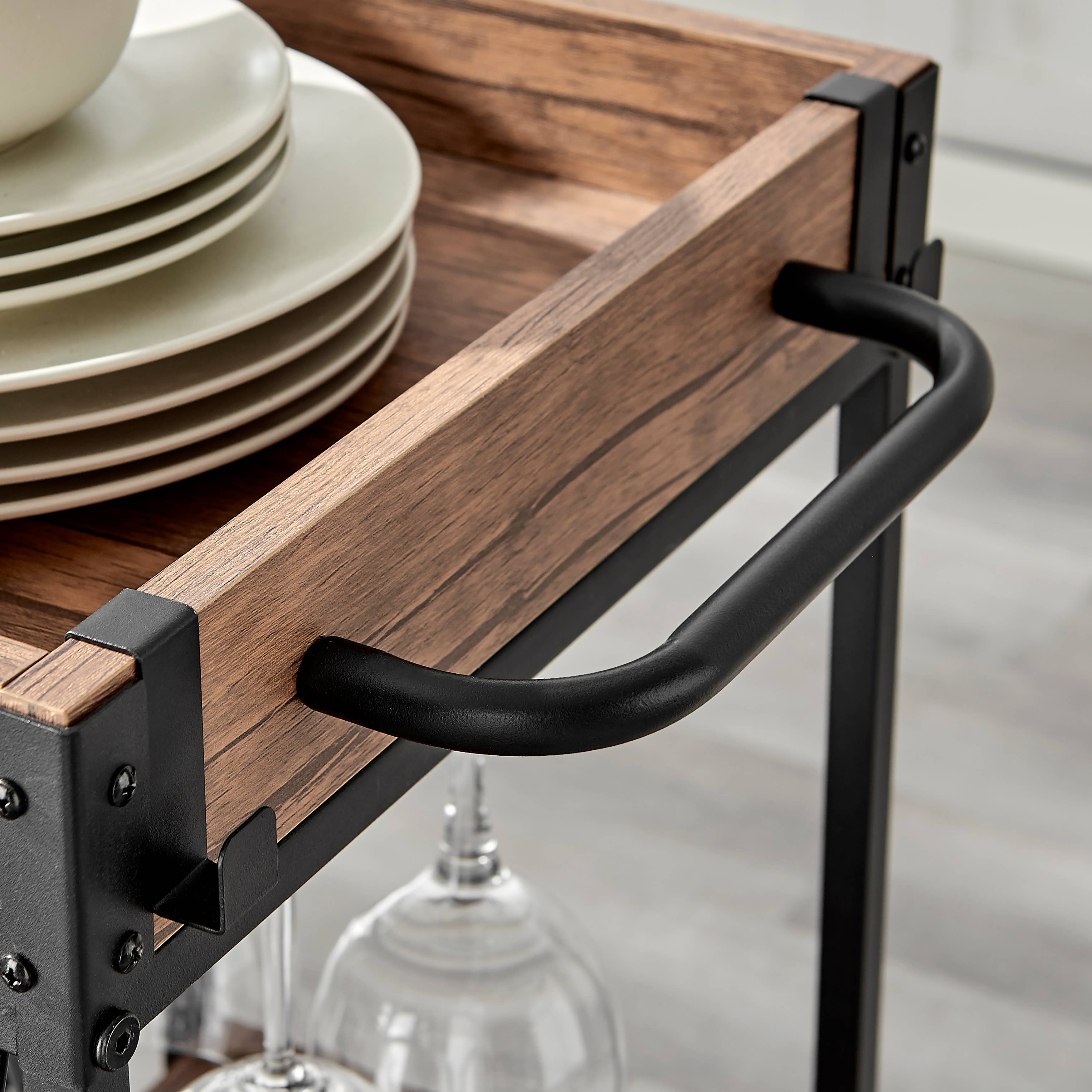 Danya B - Wholesale Bar Cart - Walnut Veneer Metal Rolling Wine Bar Cart with Storage Rack9