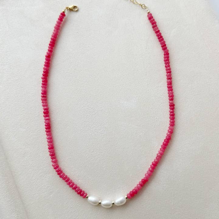Sunset Pink Freshwater Pearl Beaded Necklace Gold Filled for wholesale by True by Kristy Jewelry
