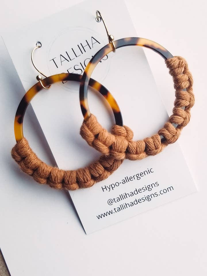 Large Tortoise Acrylic Hoop Non-Fringe Macrame Earrings for wholesale by Talliha Designs