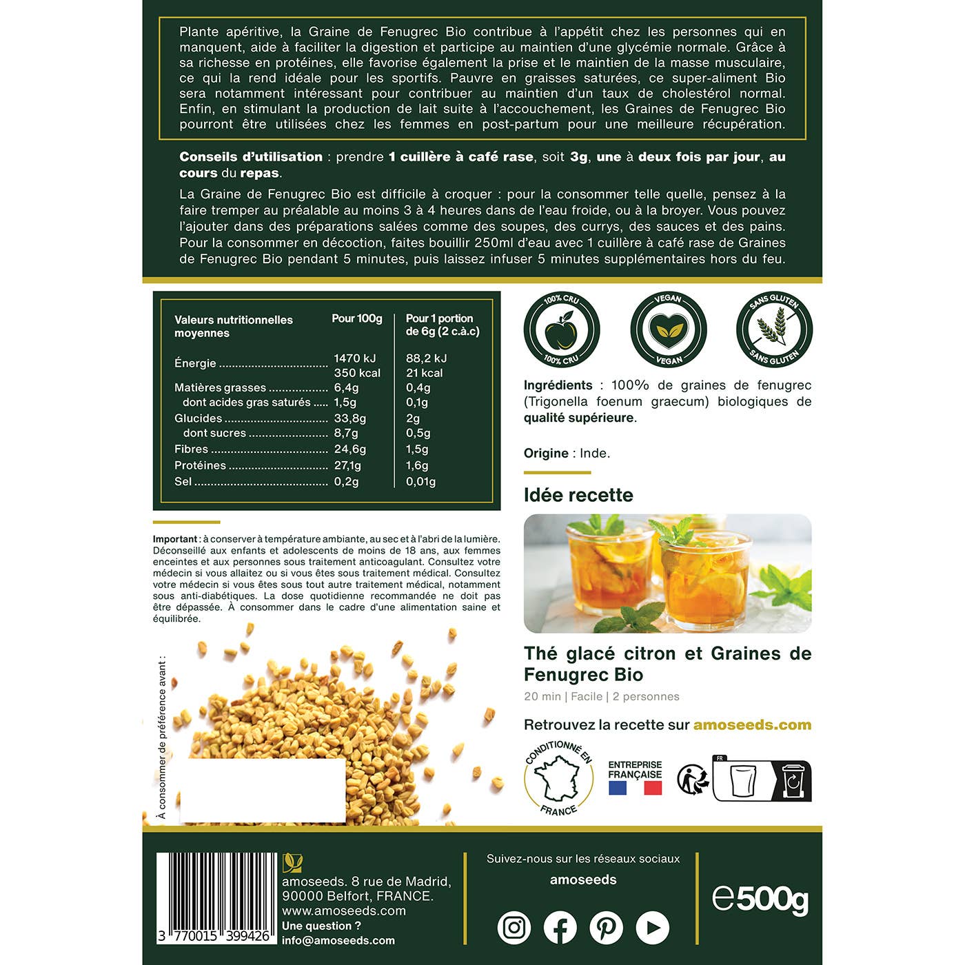 Amoseeds - Wholesale Plant Seeds - Organic Fenugreek Seeds 500G4
