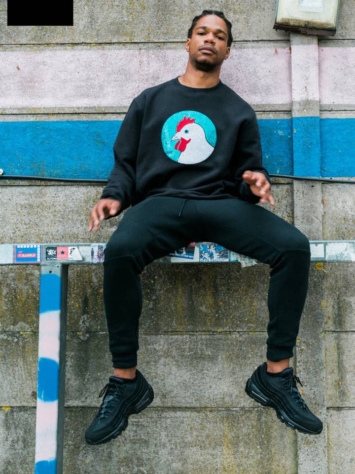 Black Jersey Unisex Sequin Sweater - Chicken for wholesale by Nettie Knows