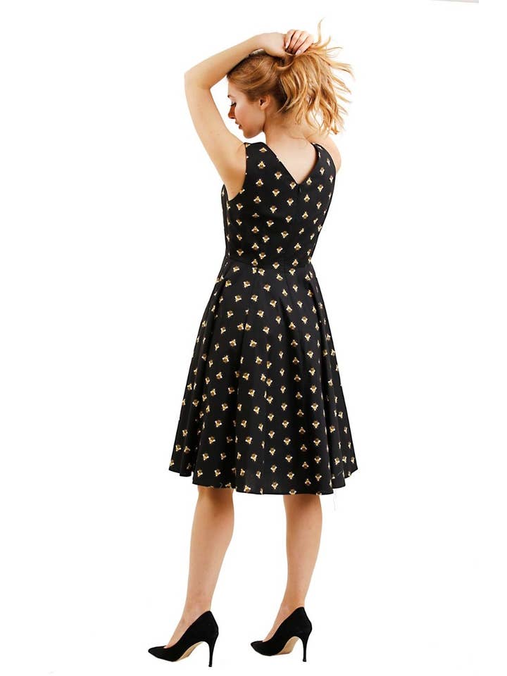 Eva Rose Clothing - Wholesale Dress - Women's - Fit & Flare Bee Print Black Dress, V-Neck in Front & Back
