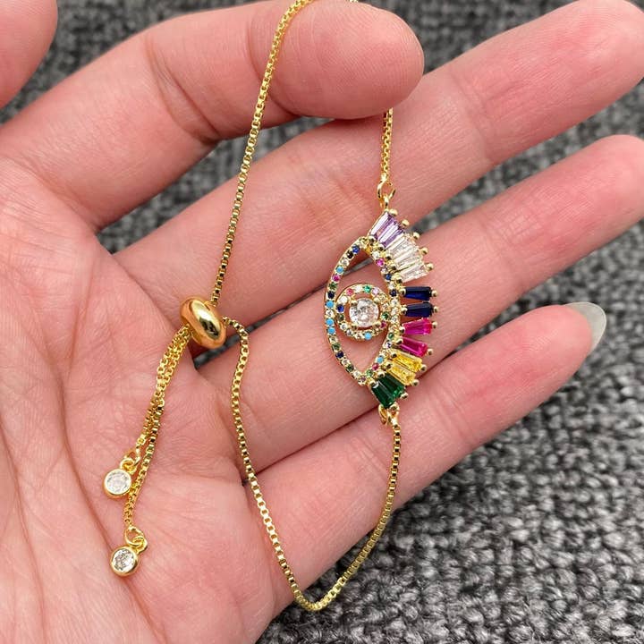 Mio Queena - Wholesale Charm/Dangle Bracelet - Multi-style Rhinestone Evil Eye Charm Golden Bracelets