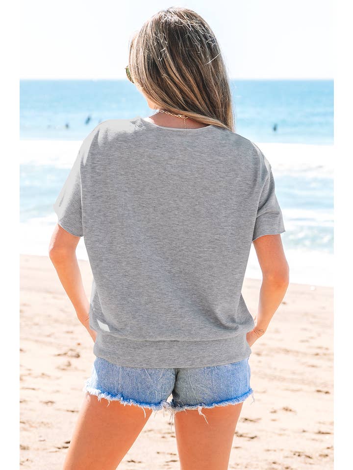 Light Grey USA Lettering Patch Notched Neck Loose Tee for wholesale on Faire