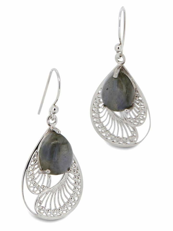 Sterling Silver Labradorite Earrings in Feather Design for wholesale by Culture Spot