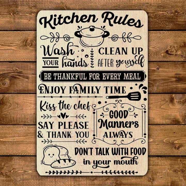 Köksregler Skylt Tvätta händer Kyss Kock Vänligen tack Njut av mat Familjetid Rustik uteplats Heminredning Present Metalltryck Present för wholesale av Game Time Prints