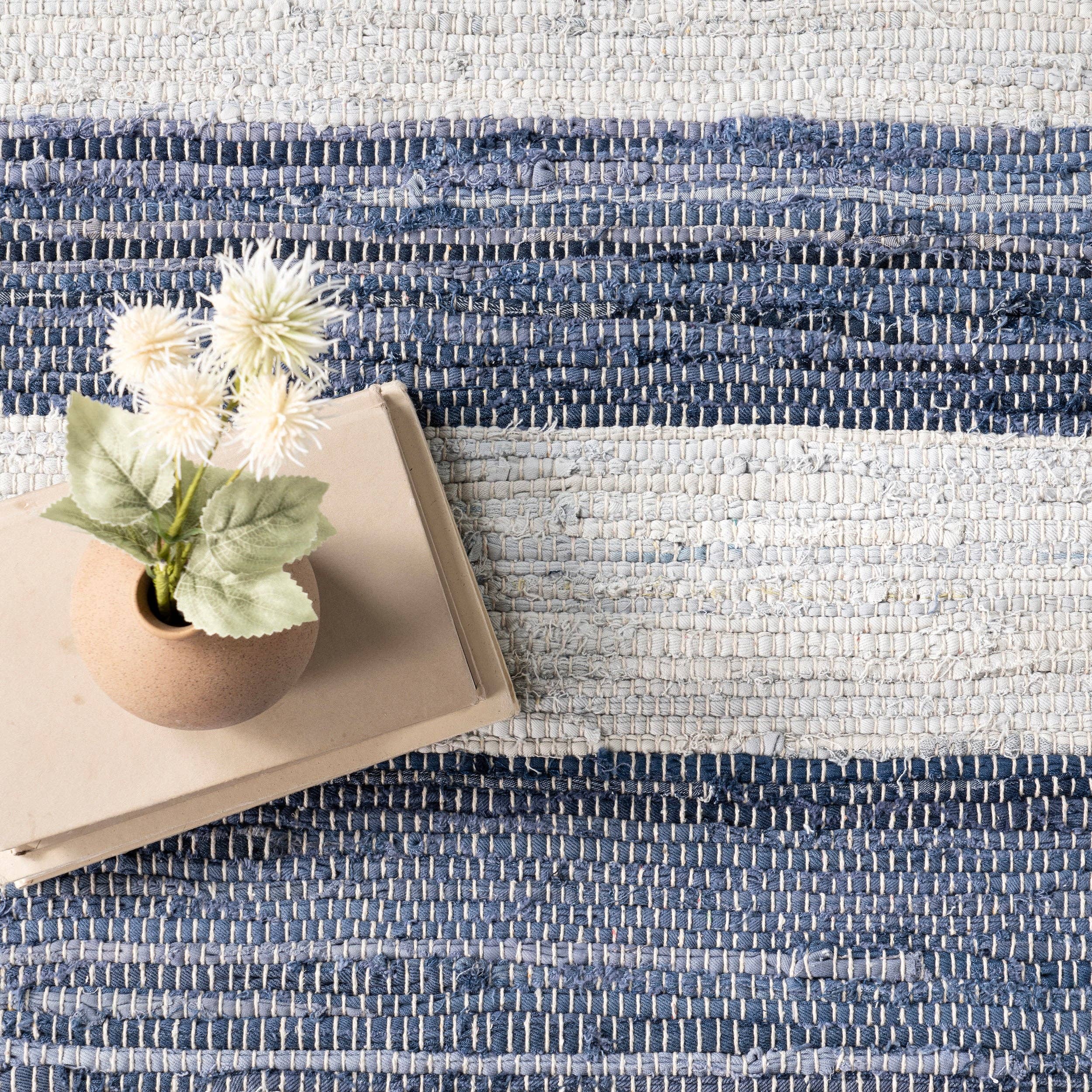 Blue Home Conservatory Striped Rag Handwoven Cotton Area Rug for wholesale on Faire6