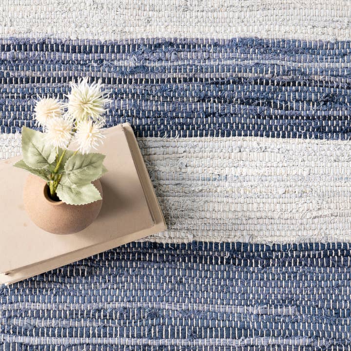 Blue Home Conservatory Striped Rag Handwoven Cotton Area Rug for wholesale on Faire6