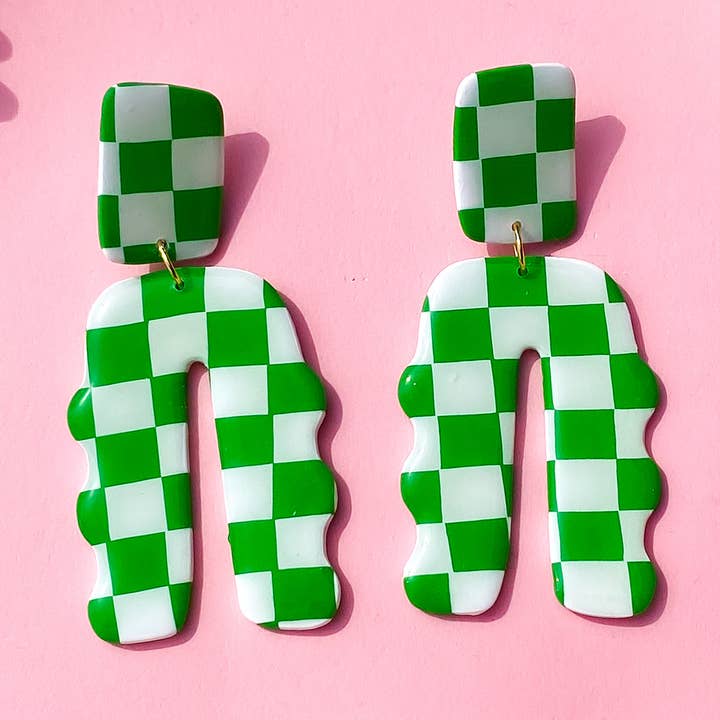 Green And White Polymer Clay Checkered Dangle Earrings for wholesale by Night Moves Atelier