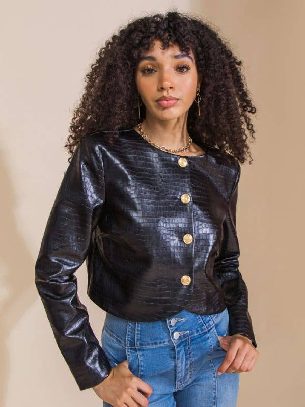 BLACK A textured faux leather bolero jacket-IJ10135 for wholesale on Faire