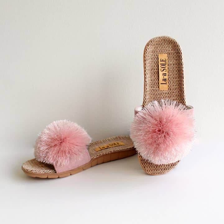 Kids Pom Pom Slides | Pink Shimmer for wholesale by La-a SOLE