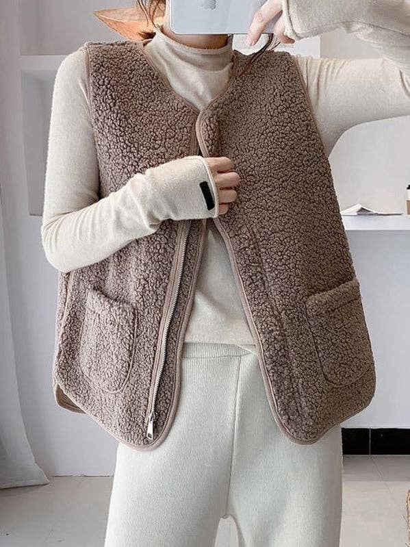 Loose Sleeveless Split-Joint Velvet Round-neck Vest Outerwear for wholesale by StyleGalX