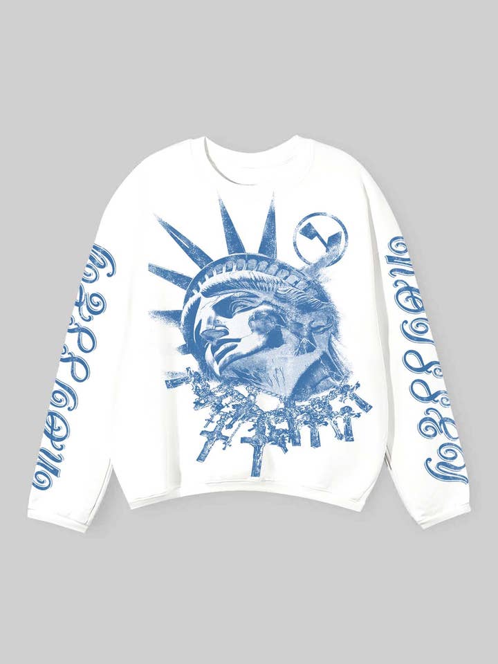 Haut style cyanotype avec une statue de la Liberté allongée imprimée, manches longues en tissu air-layer pour la vente par NOISSEY