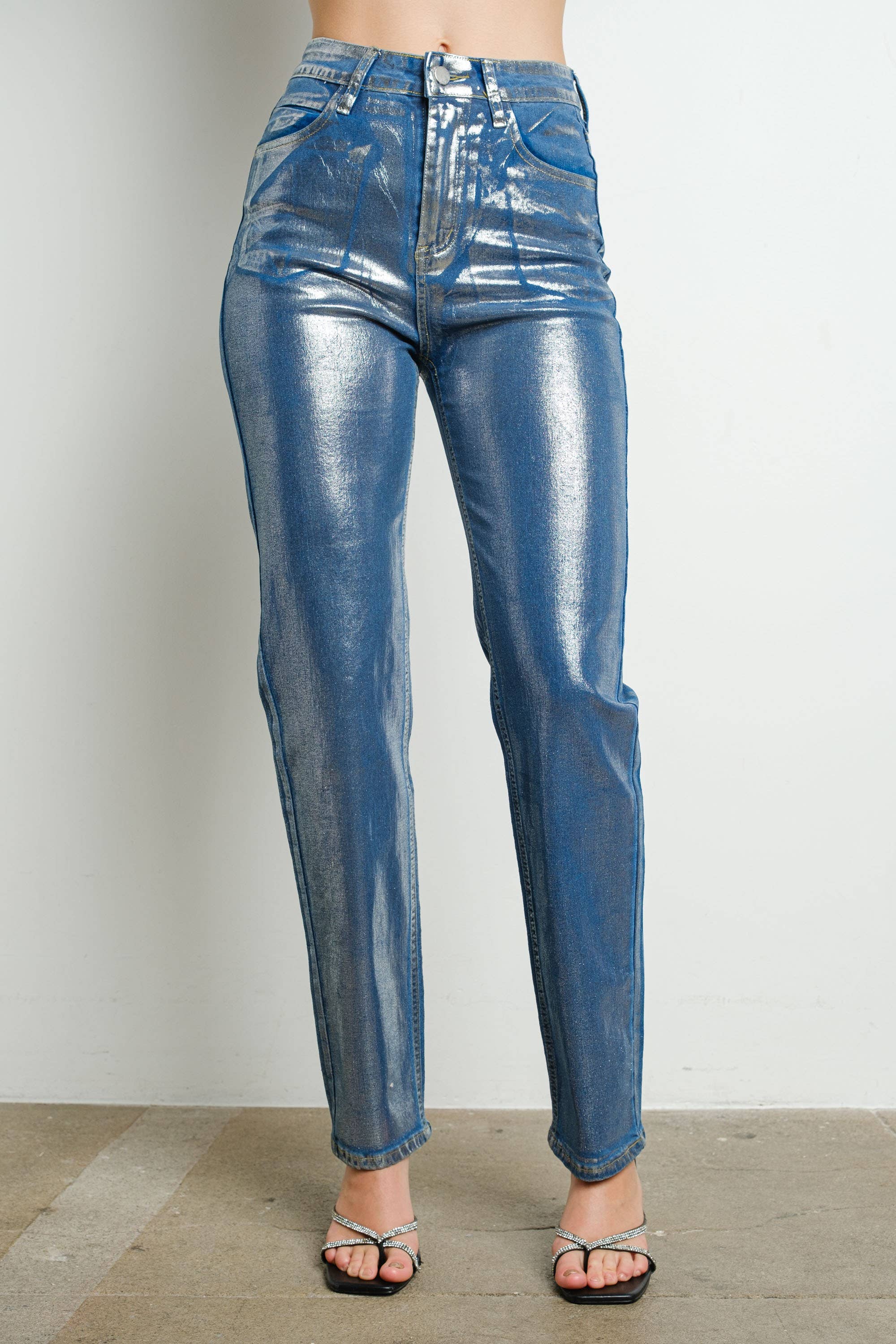 Wholesale IP2978 High Rise Metallic Foil Stretch Denim Pants for