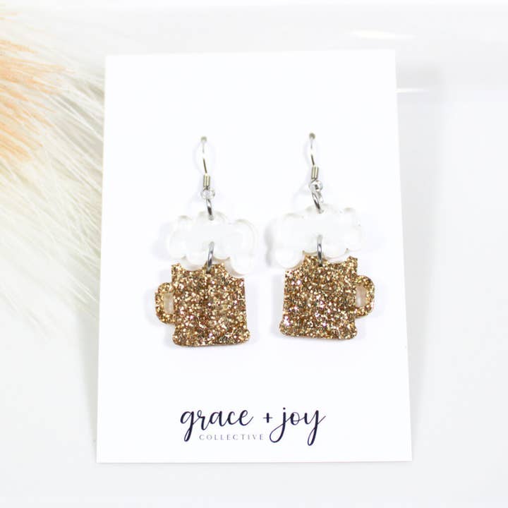 Beer Mug Dangle Earrings, Acrylic Earrings for wholesale by Grace + Joy Collective