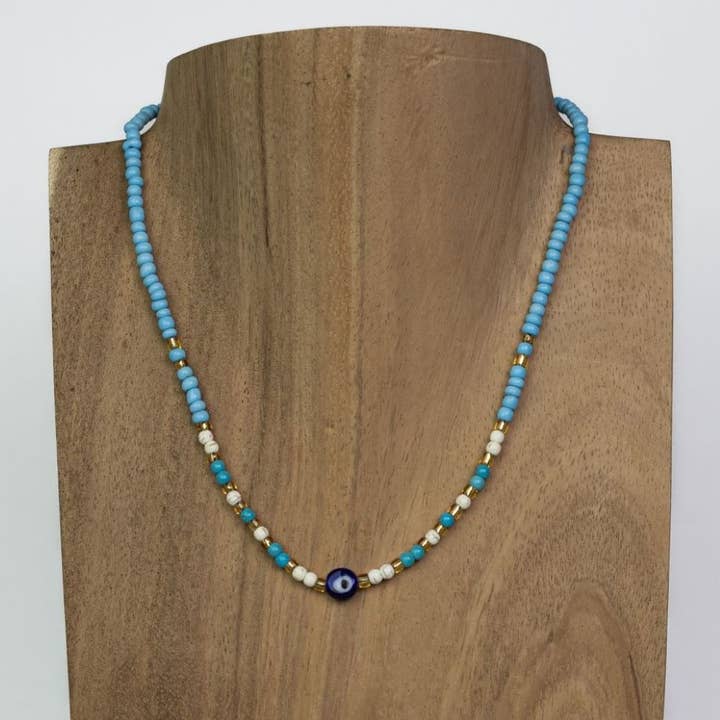 Pink House Imports - Wholesale Beaded/Pearl Necklace - Bali Glass Beads with Evil Eye Pull Necklace