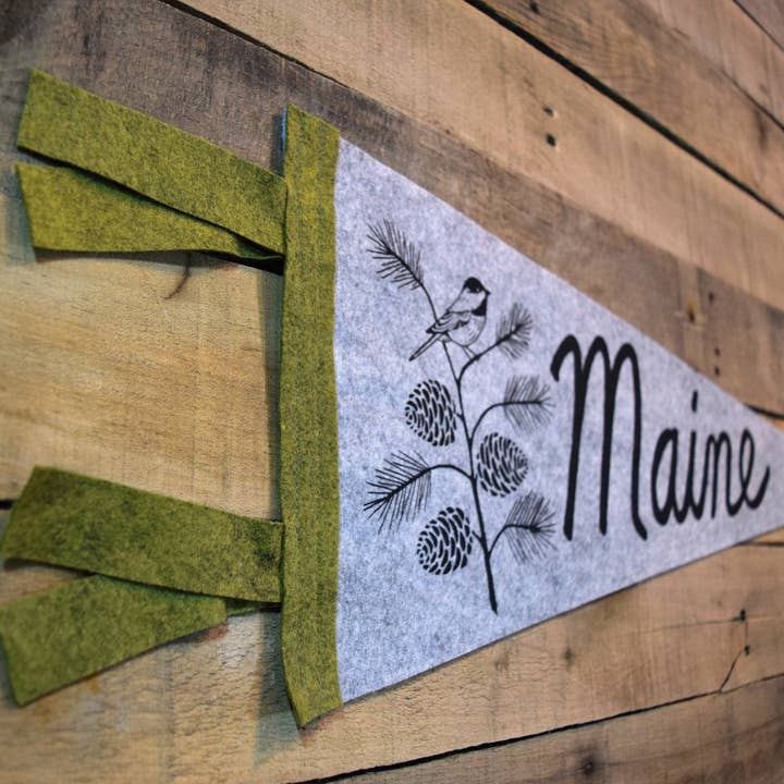 Quiet Tide Goods - Wholesale Banner - MAINE Pinecone & Chickadee Pennant on Gray Wool - Large Size